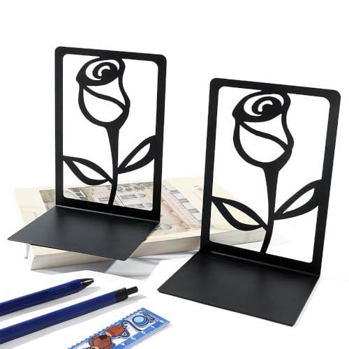 Creative Rose Flower Metal Bookends -Used for Heavy Book Organization, Black L Shaped Book Stand Holder for Home Office Desk, Creative Gift for Dads and Loved Ones (Rose Bookend) - color: Rose Bookend