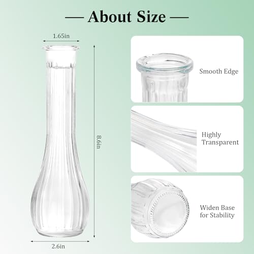 Glass Bud Vases for Centerpiece,12 Pcs Small Clear Ribbed Flower Vases for Weddings, Parties, Home Decor (8.5" Tall, Bulk Set) - Minimalist Table Vase for Roses, Pampas Grass, DIY Arrangements