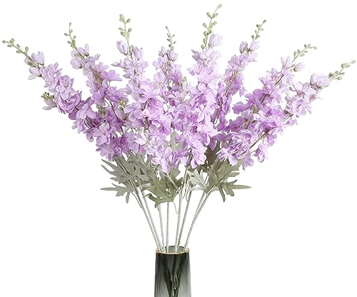 8PCS Purple Delphinium Artificial Flowers 33.5in Long Stem Larkspur Fake Silk Flowers for Tall Vase Faux Flowers for Home Wedding Baby Shower Floral Arrangement Centerpiece Table Decor (Purple) - color: Purple