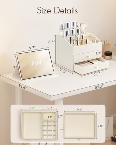 VLANDO Makeup Organizer for Vanity,Large Capacity Countertop Organizer with Drawers, PU Leather Cosmetic Display Case for Lipstick,Brushes,Skincare,Bedroom Storage (Beige) - color: 3 layers-Beige