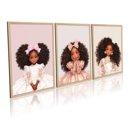 Black Girl Wall Art Canvas Framed 3 Piece Set 24x16 Inch Pink Princess Wall Decor for Girls Room Nursery African American Art Prints Poster Picture Artwork - color: Black Girl-1, size: 24"x16"