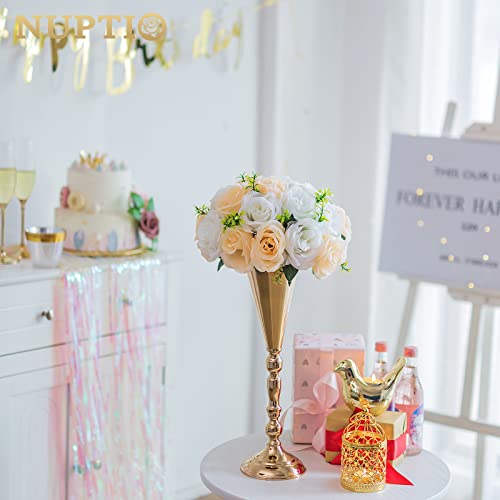 10 Pcs Tabletop Gold Metal Wedding Flower Trumpet Vase, 16.5 inch Table Decorative Centerpiece Artificial Flower Arrangements for Anniversary Ceremony Party Birthday Event Home Decoration (Gold) - color: Gold, size: 16.5 inch x 10 Pcs