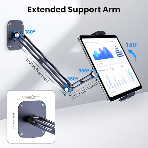 Extended Version Tablet Wall Mount Holder, 15" Aluminium Wall Mount for IPad with 360° Adjustable Rotating Base for iPad Pro Air Mini, Galaxy Tab, All 4.7-13" Phones and Tablets (Long Style) - size: Extra-Long Dual-Arm