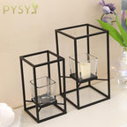 Set of Candlestick Holders in Two Sizes, Versatile Square Glass Candle Holder with Black Frame, Moden Style Candle Stand for Home Decor, Wedding, Party & Table Centerpiece