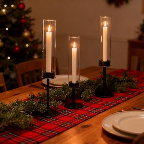 Black Hurricane Glass Candle Holders Set of 3, Tall Metal Taper Candle Stick Holder, Clear Candlestick Holders, Table Centerpieces Decor for Dining Dinner, Weddings, Christmas Fireplace Decorations - color: Black