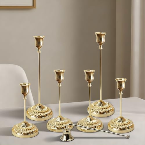 BEAHOT Set of 6 Gold Glossy Metal Taper Candle Holders, Elegant Non-Slip Candlestick Holders Decor with Matching Candle Snuffer – for Wedding Centerpiece - color: 6 Pack Gold