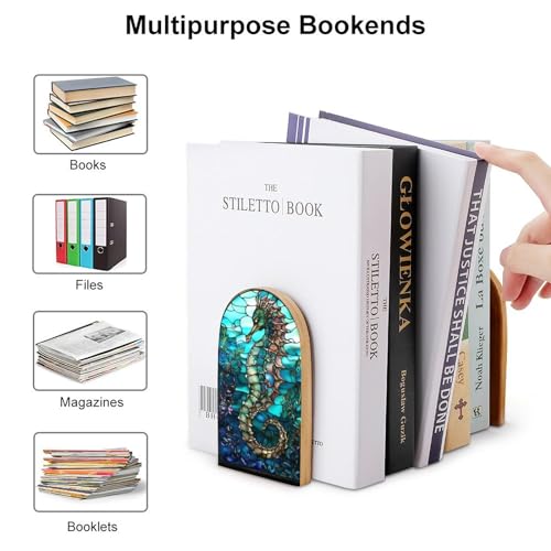 2 PCS Wood Book Ends,Seahorse Stained Glass Art Bookends for Shelves Non Skid Book Ends for Office Home Kitchen, Bookends for Holiding Books 5x3 Inch