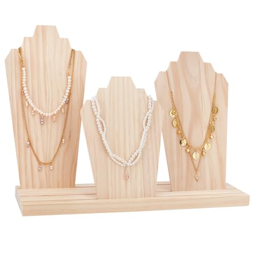 PH PandaHall Wood Necklace Display Stands with 3-Row Holder and 3 Removable Displays Wood Plank Necklace Storage Holder Bust Easel Jewelry Display for Necklaces, Rings Storage, Blanched Almond