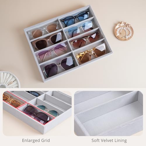 Lolalet Sunglasses Organizer Tray, 8 Grids Velvet Glasses Eyewear Holder Trays, Sunglass Display Drawer Storage for Women Men -1 Pack, Grey - color: Grey