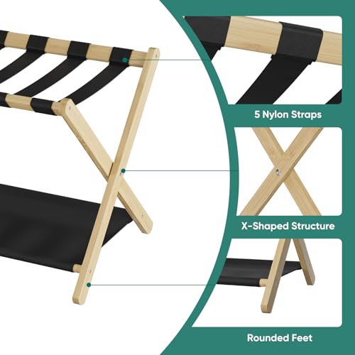 Smuxee Natural Bamboo Luggage Rack Pack of 2, Foldable Suitcase Stand with Storage Shelf, Easily Assembled Luggage Stand with 5 Nylon Straps for Guest Room Bedroom Hotel - color: Natural 2PCS