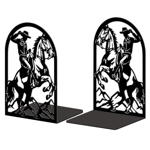 Peacoblue Metal Bookends for Shelves, Modern Decorative Heavy Duty Study Book Ends Stoppers for Office, Desk, Shelf, Room 5.3"x4.3"x7.9" Cast Iron Simple Tall Bookends 1 Pair (Cowboy Horse Riding) - style: Cowboy Horse Riding