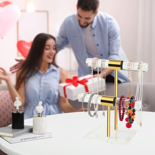 Acrylic Bracelet Holder, Necklace Holder Display Stand, 2 Tier T-Bar Jewelry Organizer, Stainless Rod Tangle-free Countertop Jewelry Rack for Vendors Retail Store Home, Gfit for Women - size: 2 Tier