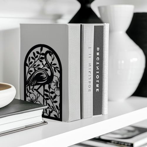 Peacoblue Metal Bookends for Shelves, Modern Decorative Heavy Duty Study Book Support Stoppers for Office, Desk, Shelf, Room 5.3"x4.3"x7.9" Cast Iron Bookends, 1 Pair (Flamingo and Tropical Plant) - style: Flamingo and Tropical Plant