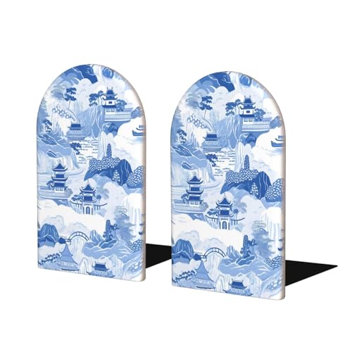 Decorative Bookends 2 Pcs Japanese Japan Blue Ink Architecture Scence Wood Bookends for Shelves Heavy Books Kids Non-Skid Book Ends Stoppers for Office Desk Kitchen School - color: Japanese Japan Blue Ink Architecture Scence