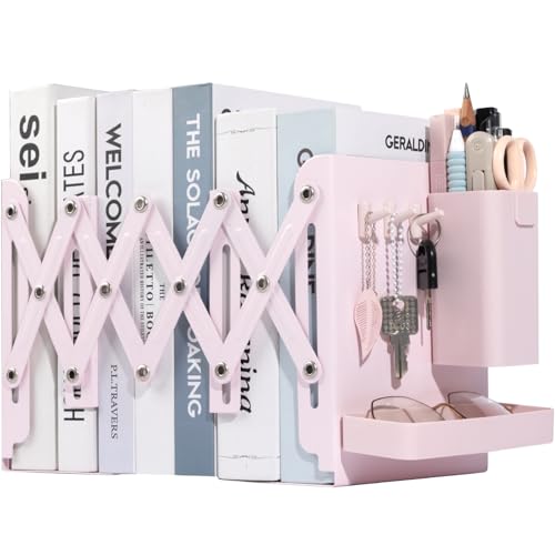 Adjustable Bookends, 19" Metal Book Ends for Heavy Books, 2 Dividers Bookends with Removable Pen Holder, Tray, and 3 Hook-up, Book Organizer for Office, School, Bookstore, Home - color: Pink