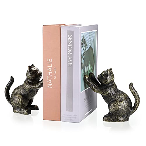 2 Pack Cat Decorative Bookends for Shelf - Cast Iron Book Ends Cute Dog Bookend Support for Home Decor, Heavy Duty Book Stands Vintage Antique Shelf Decor for Reading Enthusiasts or Cat Lovers - style: Cat Shape