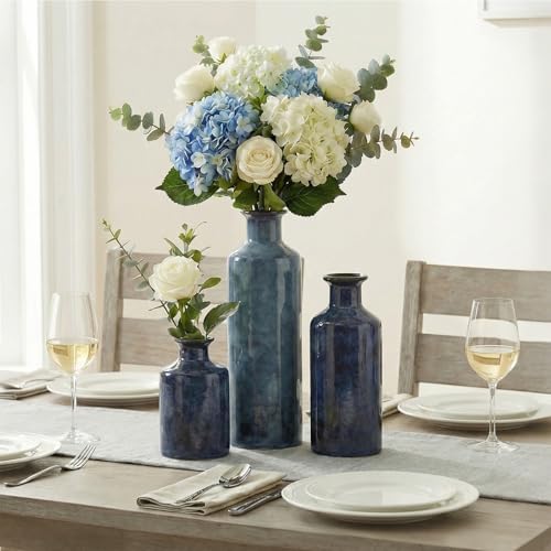 Blue Ceramic Vase Set - 3 Blue Small Vases, Farmhouse Country Flower Vase Home Decor, Living Room Decoration, Table Decoration, Fireplace Decor, and Entrance Decorations Centerpieces - color: Blue
