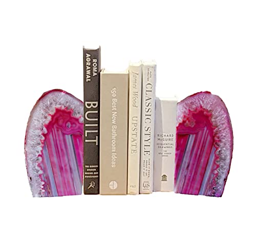 AMOYSTONE Pink Agate Bookends 1 Pair 4-6 Lbs with Rubber Bumpers for Heavy Books Home Office Shelves - color: Pink, size: 4-6LBS