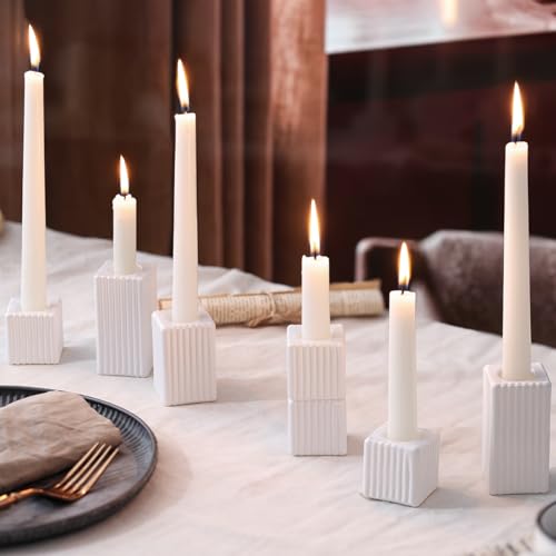 LETINE 12pcs White Vertical Stripe Glass Candlestick Holders - Chic Taper Candle Sticks Holder Set for Elegant Dining & Home Decor - Ideal for Wedding Centerpieces, Parties, and Celebrations - color: White
