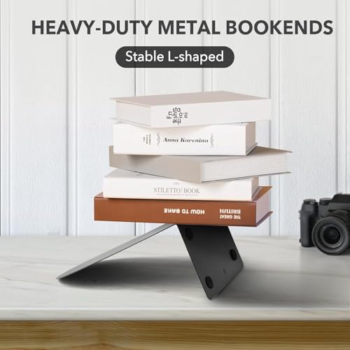 Chunful 6 Pcs Modern Metal Book Ends for Shelves Small Bookends Book Shelf Organizer Minimalist Design Stopper to Hold Books for Home Office (Black, 5.5 * 3.75 * 2.25inch)