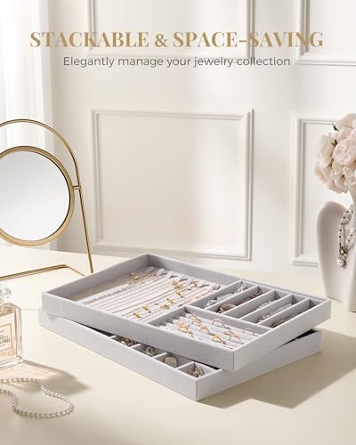 Lolalet Jewelry Drawer Organizer Inserts, Stackable Velvet Tray Jewelry Storage Organizers Set Display Cases for Necklaces Bracelets Earrings Rings Chains Bangles Watches, Mothers Day Gift - color: Grey, size: A4 Size, 2 Packs