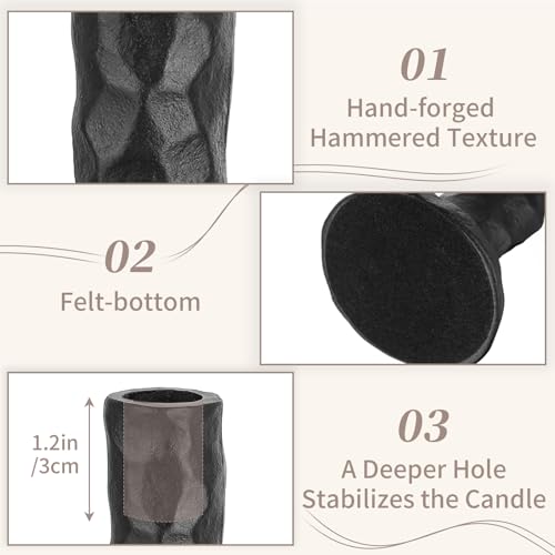 Sziqiqi Black Iron Candlstick Holders: Cast Iron Taper Candle Holder for Candlesticks - Hammered Short Candleholder Set of 3 for Dining Table Mantle Fireplace