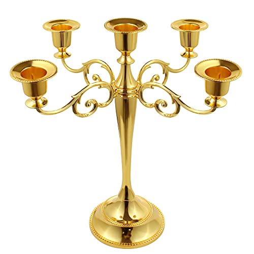 5-Candle Metal Candelabra 10.2 Inch Tall Candlestick Candle Holders for Home Decor Wedding Christmas Church Halloween Party, Gold - color: Gold-regular