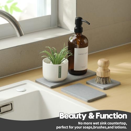Razborci 3PCS Bathroom Sink Vanity Trays, Quick Stone Drying Mat Dish Soap Dispenser Sponge Holder for Kitchen Counter, Diatomaceous Earth Water Absorbing Caddy Organizer, Light Grey - color: 3 Pack - Light Gray, size: 9" x 3.5"