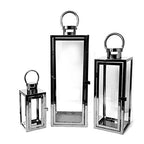 Allgala 3-PC Lantern Set 23 Inch Jumbo Deluxe Modern Indoor/Outdoor Candle Lantern Set Stainless Steel Frame Tempered Glass Rectangular Black for Garden Poolside Fireplace Wedding - color: Cuboid Black
