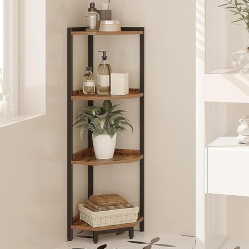Hzuaneri Corner Shelf Stand, Corner Bookshelf, Storage Standing Shelf Unit with Metal Frame, Plant Stand, Bookcase for Living Room, Home Office, Bedroom, 4-Tier Rustic Brown CS05801B - color: Rustic Brown, size: 4 Tier