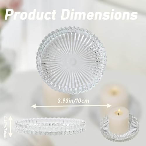 6 Pack Glass Pillar Candle Holder Set，4 Inch Round Candle Plates in Clear Pink Amber, Multi-Color Serrated Edge Display Stand for Wedding Party Table Centerpiece Decor