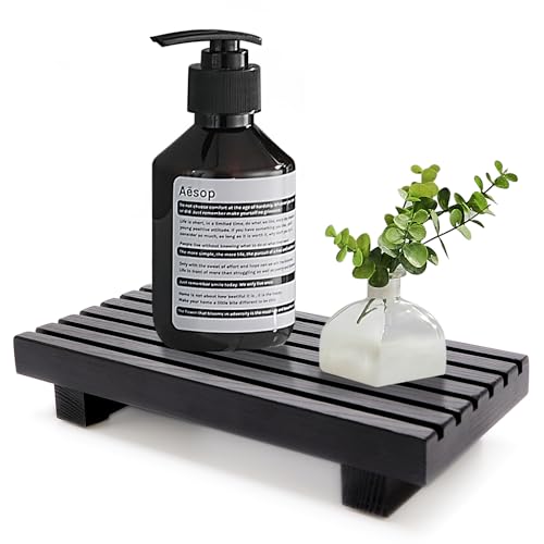 Renawe Small Black Bathroom Decor Tray for Counter Dish Soap Holder Wooden Pedestal Stand for Kitchen Sink Soap Dispenser Wood Risers Kitchen Accessories Countertop Vanity Counter Sponge Sink Tray - color: Black, size: 8.7x4 inch