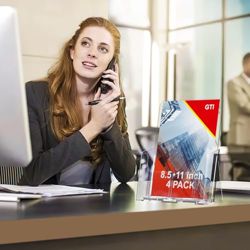 GTI Acrylic Brochure Holder 8.5 x 11 inch, 4 Packs Brochure Display Stand for 4’’ Trifold Pages, Clear Flyer Display Holder for Magazine, Pamphlet, Booklets, Menu,Journals