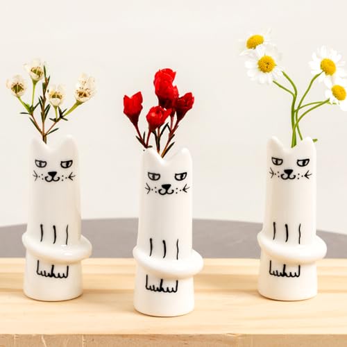 MOUGIGI Set of 3 Cat Flower Vase Bud Ceramic Mini Handmade Tiny Vases for Home Decor, Wedding Party, Birthday Gift - Unique, Cute and Aesthetic Miniature Vases - Japanese Trendy, Pretty and Bulk - color: 3 Pcs Cat Vase