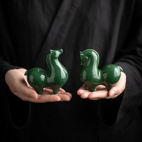 Green Horses Statue - Small Ceramic Décor Artwork - 2pcs Sculpture for Home Office - Surprising Horse Gifts for Horse Lovers