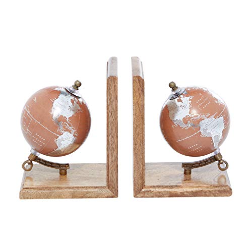 Deco 79 Wood Decorative Bookends Globe Non Skid Bookends, Set of 2 Office Bookends7", 7"H, Brown