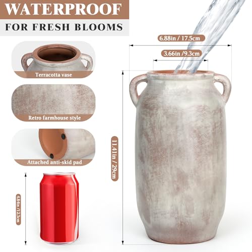 11.5 Inch Tall Ceramic Flower Vase with Handle, Terracotta Farmhouse Rustic Decor | Waterproof Table Centerpiece for Living Room, Kitchen Shelf & Dining Table | Vintage Pottery Home Decoration - size: 11.5inch
