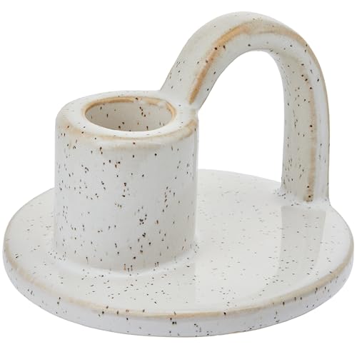 Ceramic Taper Candle Holders with Handle (Set of 2) – Tall Candlestick Holders for Table Decor Centerpieces, Rustic Home Décor, and Dinner Table Styling Glazed White - color: White
