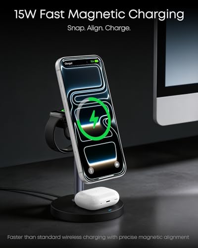 3 in 1 Magnetic Wireless Charging Station, 15W Fast Charger Stand for iPhone, Phone Charger Stand for Desk Nightstand, for iPhone 17/16/15/14/13/12, Apple Watch & AirPods, 18W Adapter Included -Black - color: Black