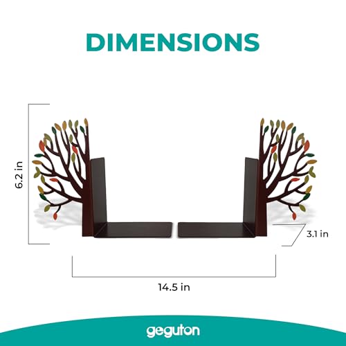 Tree Bookends with Autumn Leaves - Steel with Matte Black Epoxy Coating - Decorative Pair of Book Holders for Shelves, Desk, and Office - Black with Colorful Accents – Geguton - color: Trees Theme - Colorful