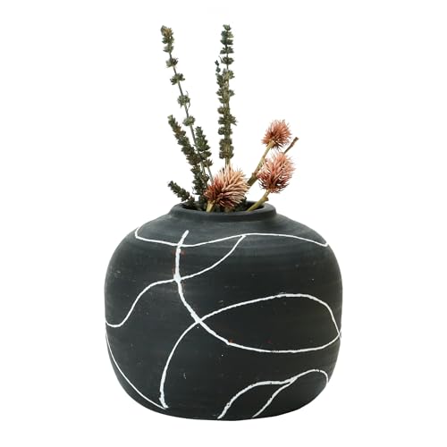 Creative Co-Op Round Decorative Stoneware Vase with Hand-Painted Intersecting Lines, Black and White