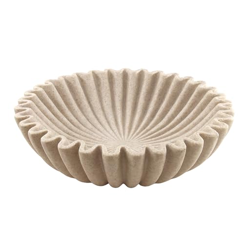10'' Scalloped Decorative Key Bowl for Entryway Coffee Table - Catchall Trinket Large Candy Fruit Purse Holder Kitchen Countertop Console Modern Home Decor, Artificial Stone Beige - color: Beige