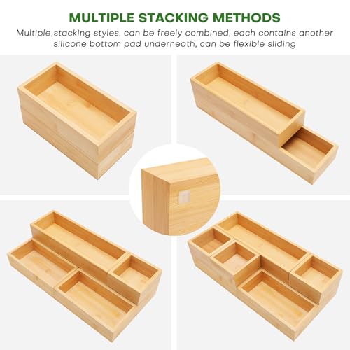 Bamboo Drawer Organizer Set, 9 PCS Multi-Use Individual Wood Storage Organizers, Junk Drawer Divider and Storage Trays Containers for Kitchen, Bathroom, Office Desk, Makeup, Jewelry, Utensils - size: 9