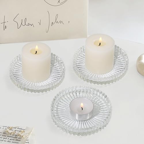 Glass Pillar Candle Holder, 4" Clear Candle Plates Set of 3, Glass Candle Holders for Wedding, Party, Holiday, Home Decor, Table Centerpiece - color: Clear, size: 3 pcs