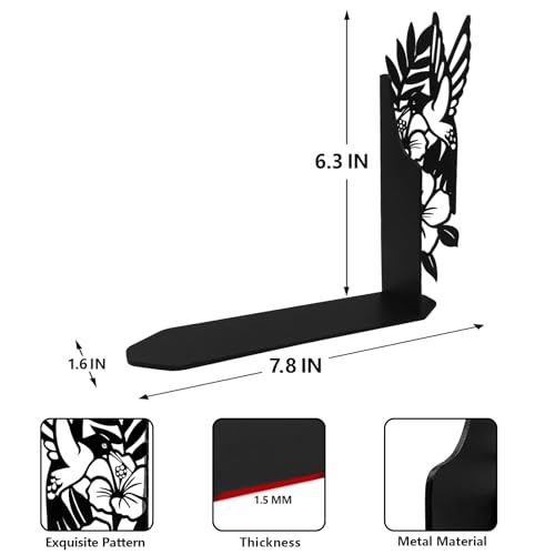 ENCIMART Bird Metal Bookends for Shelves Cute Flower Book Ends for Heavy Books Bookshelf Decorative Objects Office Home Desk Bookshelf Decor Book Lover Hummingbird Gifts for Women (Black) - color: Black Hummingbird