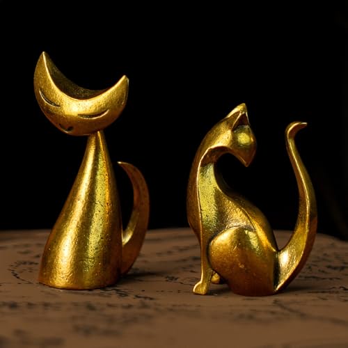 CHOVY 100% Solid Brass Cat Statue - Handmade Retro Desk Decor, Elegant Collectible Figurine for Home Office Shelf, Unique Vintage Gift for Men & Women, Steampunk Sculpture Ornament - color: Art Cat B