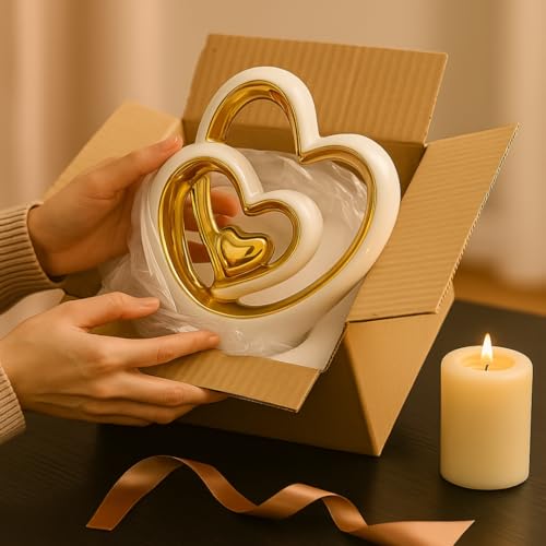 Gold Heart Ornament – Elegant Ceramic Couple Sculpture – White & Gold Tabletop Decor – Romantic Centerpiece for Living Room, Bedroom or Office – Anniversary or Valentine’s Gift
