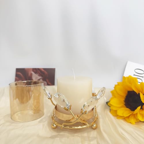 Hurricane Candle Holder, Gold Pillar with Crystal Accents & Windproof Glass Lid - Elegant Centerpiece for Weddings, Dinners, Party Decor - size: Small