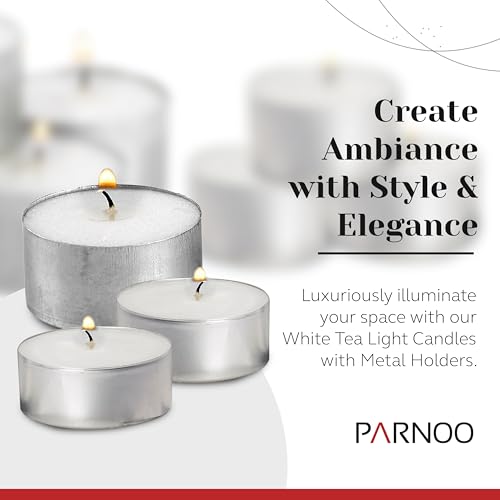 Tea Light Candles in Metal Cups - 6 Hours Clean, Long Burning White Unscented Tea 250 Votive Candles Bulk for Romantic Dinner, Wedding, Spa & Hotels by PARNOO - style: 250 Pack 6 Hours Burn Time