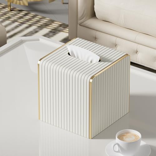 Tissue Box Cover,White Square Leather Tissue Box Holders with Gold-Tone Edging Decoration, Tissue Vessel for Bathroom Toilet Bedroom Living Room Table Desk Office,Modern Home Decor - color: Cream White, size: Square Standard